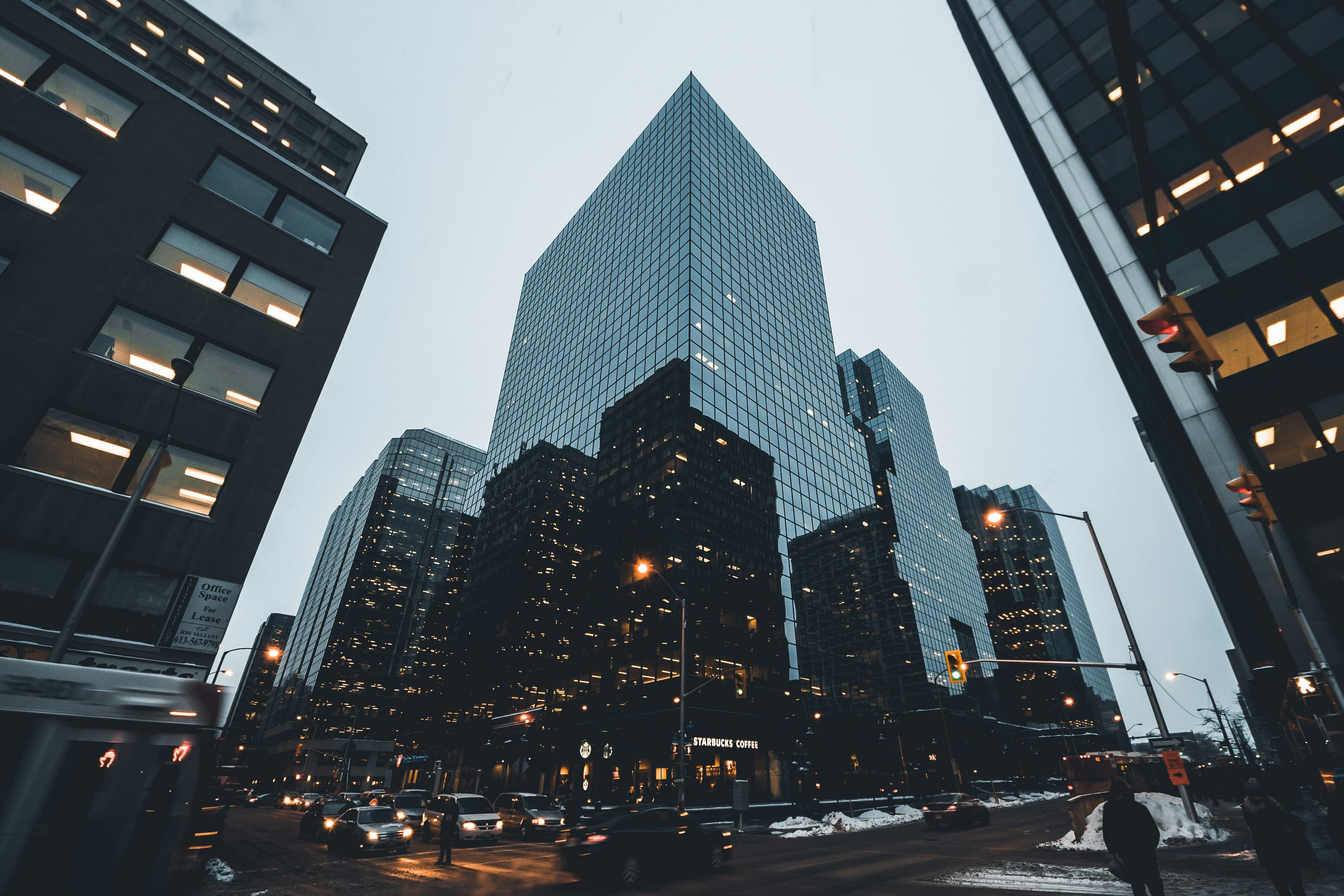 Downtown Canadian financial district at dusk with office towers